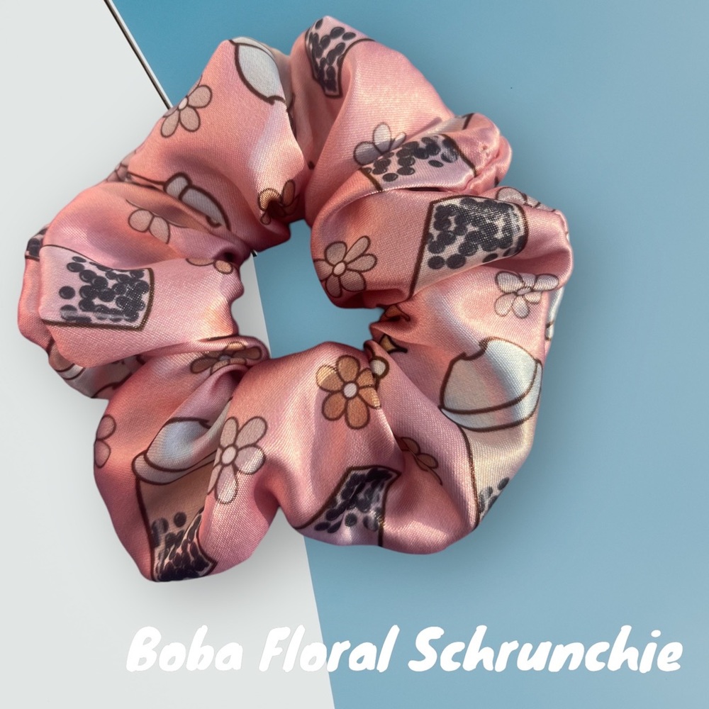 Handmade Boba Tea Floral Schrunchie - standard hair tie size